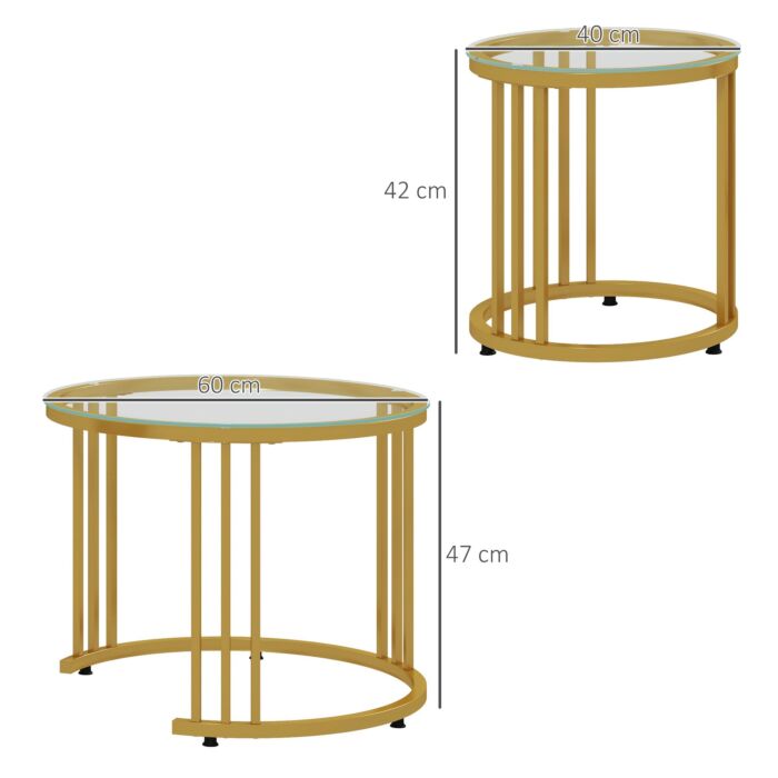Homcom Round Coffee Tables Set Of 2, Nesting Tables With Tempered Glass Top And Steel Frame, 60cmx60cmx47cm, Gold Tone