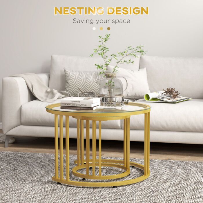 Homcom Round Coffee Tables Set Of 2, Nesting Tables With Tempered Glass Top And Steel Frame, 60cmx60cmx47cm, Gold Tone