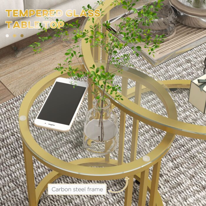 Homcom Round Coffee Tables Set Of 2, Nesting Tables With Tempered Glass Top And Steel Frame, 60cmx60cmx47cm, Gold Tone