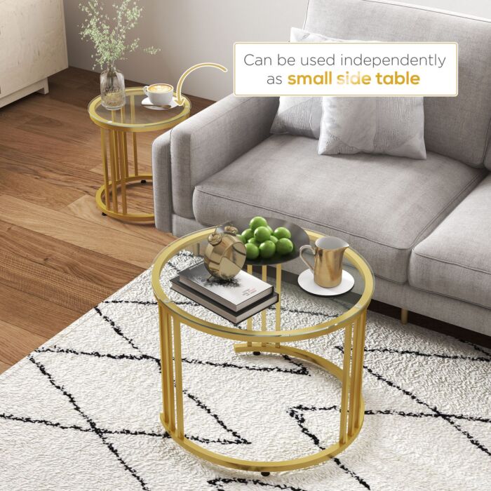 Homcom Round Coffee Tables Set Of 2, Nesting Tables With Tempered Glass Top And Steel Frame, 60cmx60cmx47cm, Gold Tone