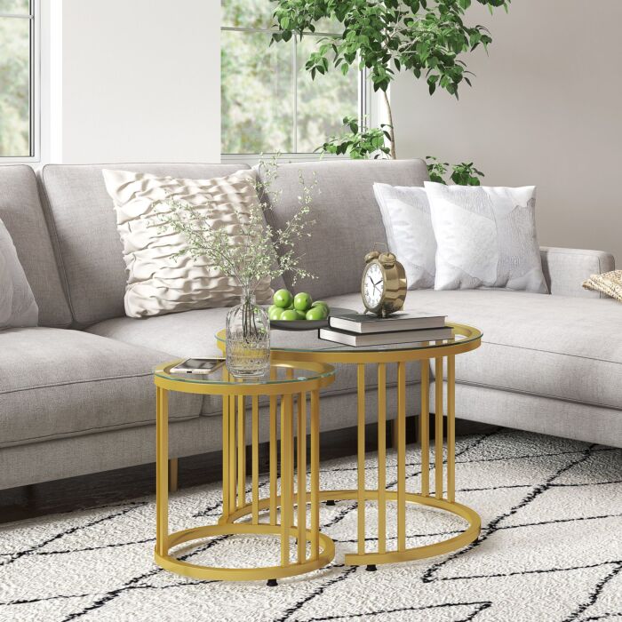 Homcom Round Coffee Tables Set Of 2, Nesting Tables With Tempered Glass Top And Steel Frame, 60cmx60cmx47cm, Gold Tone