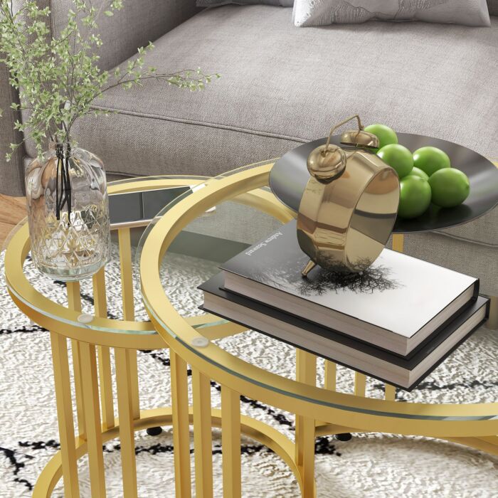 Homcom Round Coffee Tables Set Of 2, Nesting Tables With Tempered Glass Top And Steel Frame, 60cmx60cmx47cm, Gold Tone