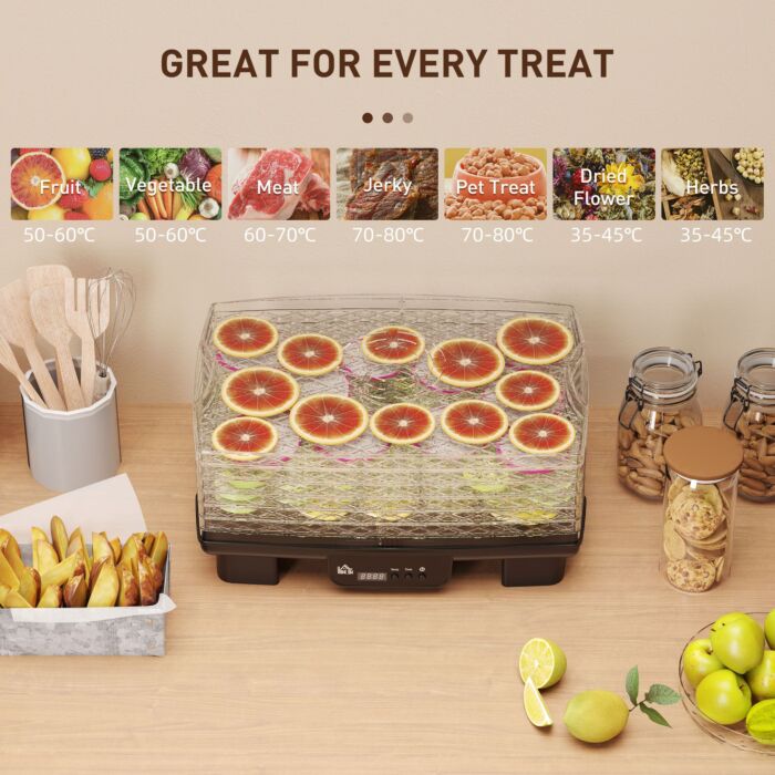 Homcom 6 Tray Food Dehydrator, 550w Food Dryer Machine With Adjustable Temperature, 48h Timer, For Drying Fruit, Meat, Vegetable, Jerky And Pet Treat, Black