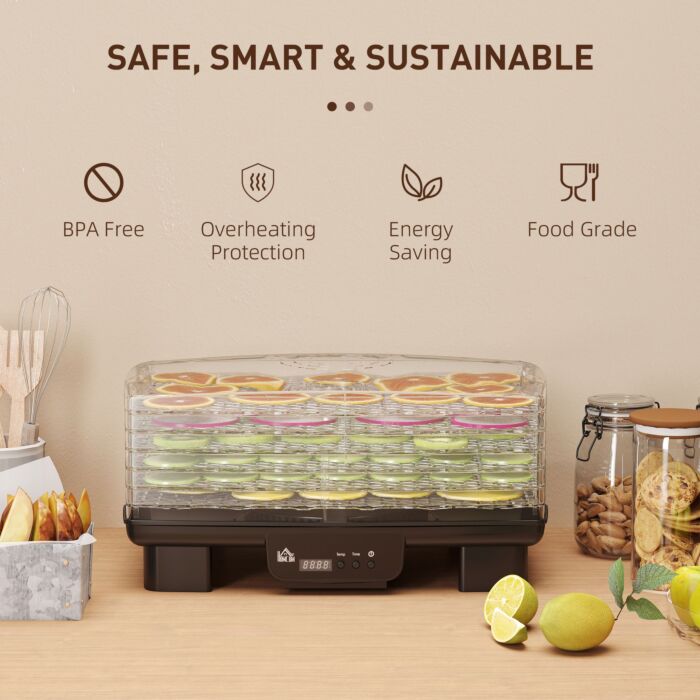 Homcom 6 Tray Food Dehydrator, 550w Food Dryer Machine With Adjustable Temperature, 48h Timer, For Drying Fruit, Meat, Vegetable, Jerky And Pet Treat, Black