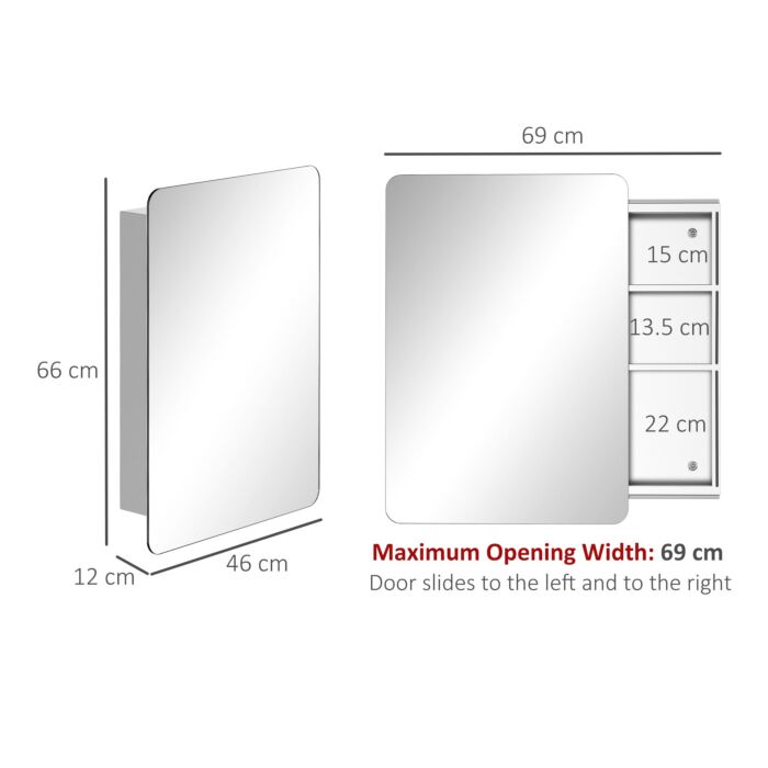 Kleankin On-wall Mounted Bathroom Storage Cabinet W/sliding Mirror Door 3 Shelves Stainless Steel Frame