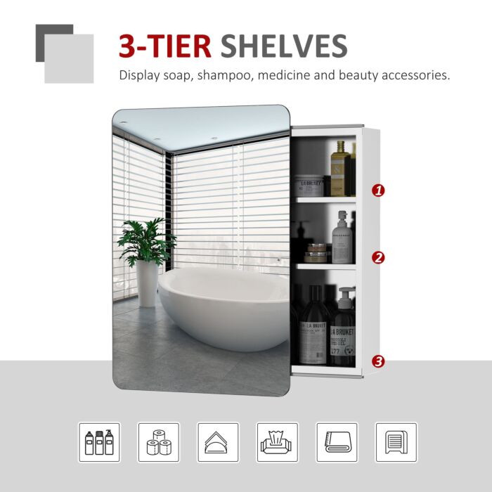 Kleankin On-wall Mounted Bathroom Storage Cabinet W/sliding Mirror Door 3 Shelves Stainless Steel Frame