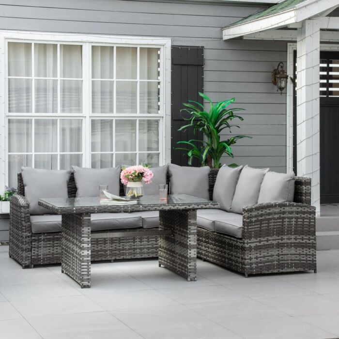 Outsunny 6-seater Pe Rattan Corner Dining Set Outdoor Garden Patio Sofa Table Furniture Set W/ Cushions, Grey