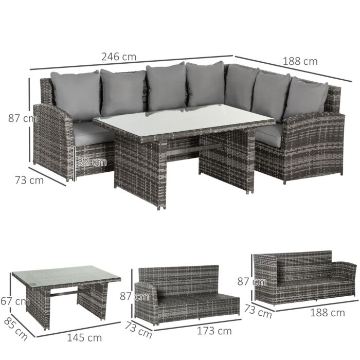 Outsunny 6-seater Pe Rattan Corner Dining Set Outdoor Garden Patio Sofa Table Furniture Set W/ Cushions, Grey