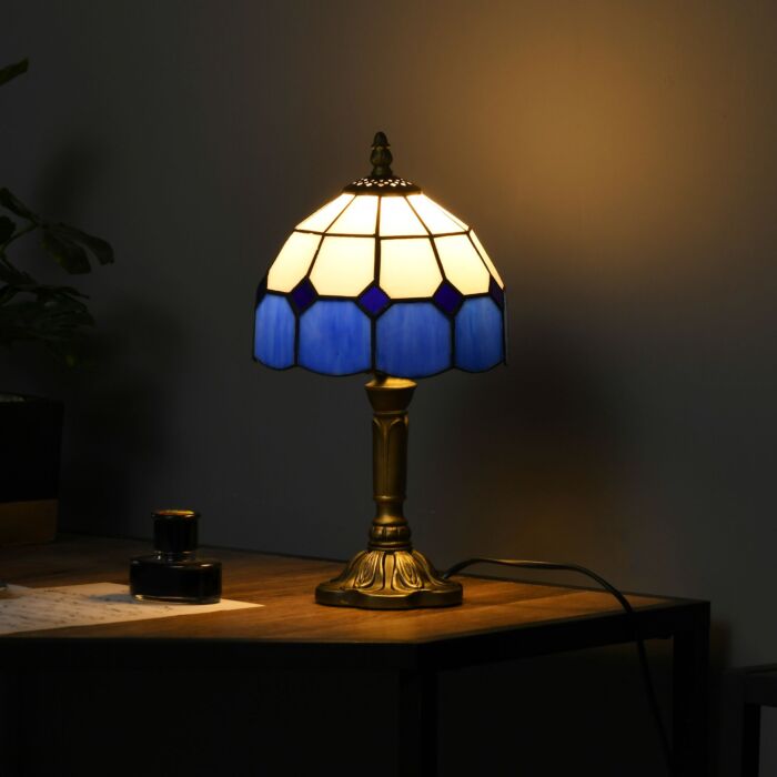 Homcom Handmade Stained Glass Table Lamp, Antique Bedside Lamp, Home, Nightstand, Decorative Night Light, Blue
