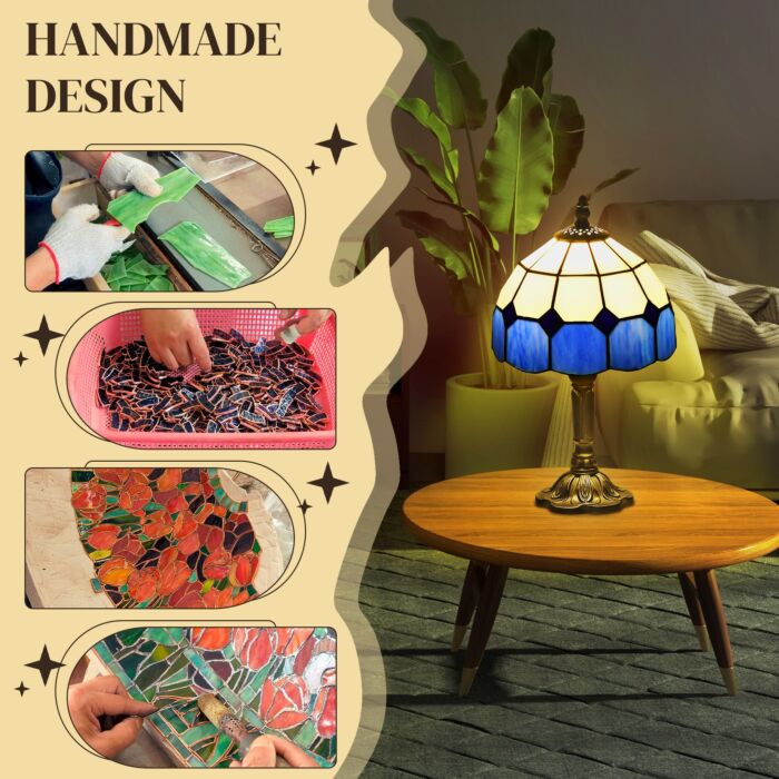 Homcom Handmade Stained Glass Table Lamp, Antique Bedside Lamp, Home, Nightstand, Decorative Night Light, Blue