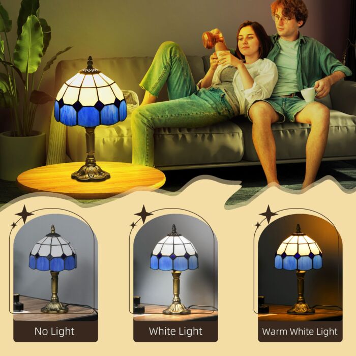 Homcom Handmade Stained Glass Table Lamp, Antique Bedside Lamp, Home, Nightstand, Decorative Night Light, Blue