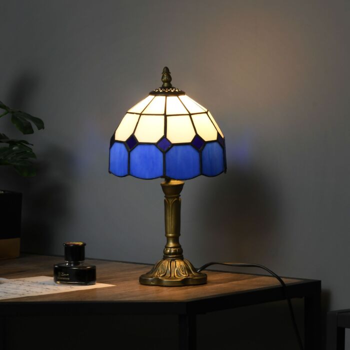 Homcom Handmade Stained Glass Table Lamp, Antique Bedside Lamp, Home, Nightstand, Decorative Night Light, Blue