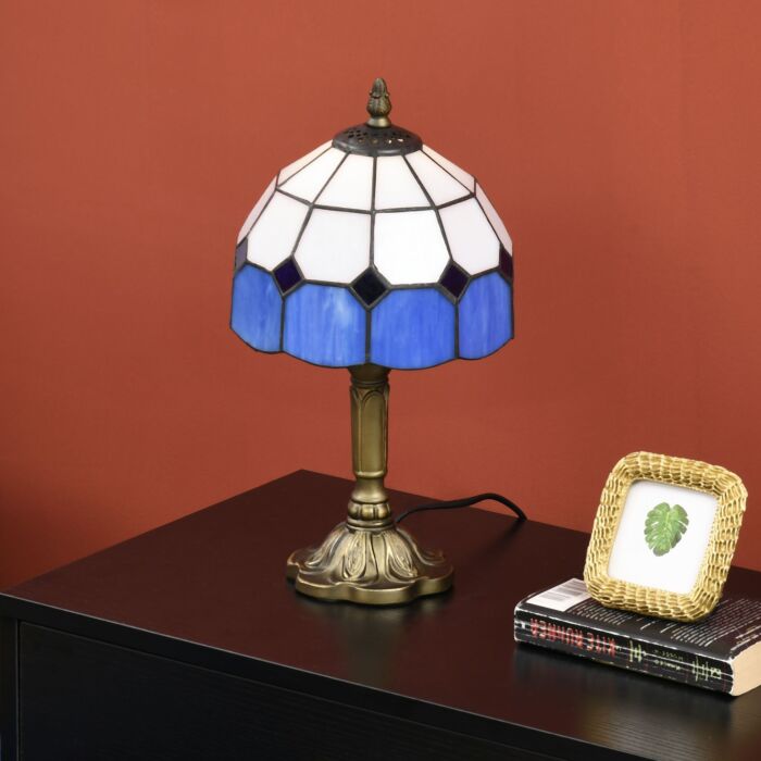 Homcom Handmade Stained Glass Table Lamp, Antique Bedside Lamp, Home, Nightstand, Decorative Night Light, Blue