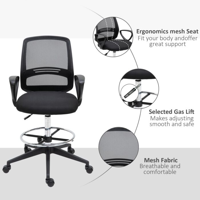 Vinsetto Ergonomic Mesh Back Drafting Chair Tall Office Chair With Adjustable Height And Footrest 360° Swivel