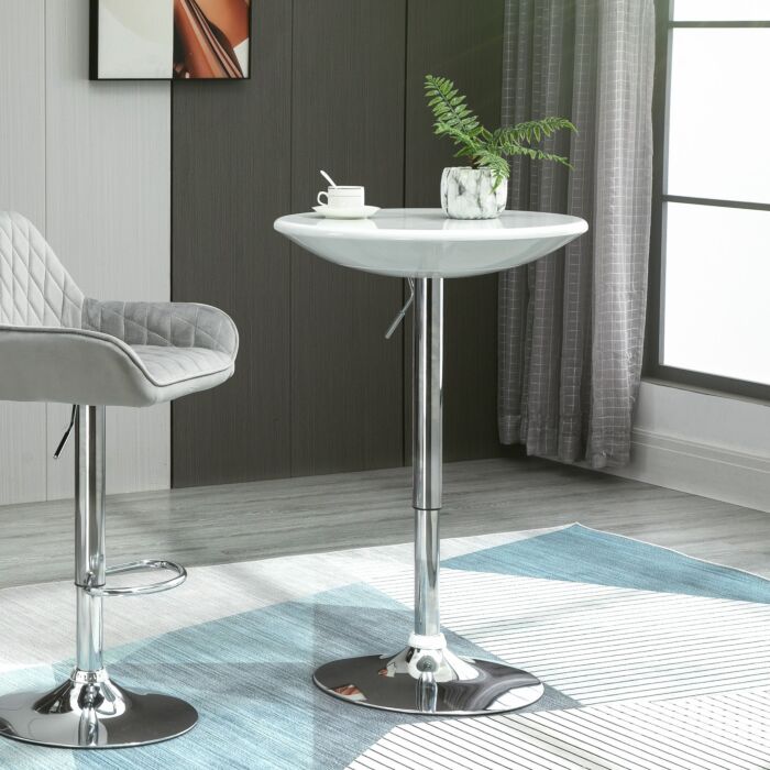 Homcom Modern Round Bar Table Adjustable Height Home Pub Bistro Desk Swivel Painted Top With Silver Steel Leg And Base, White