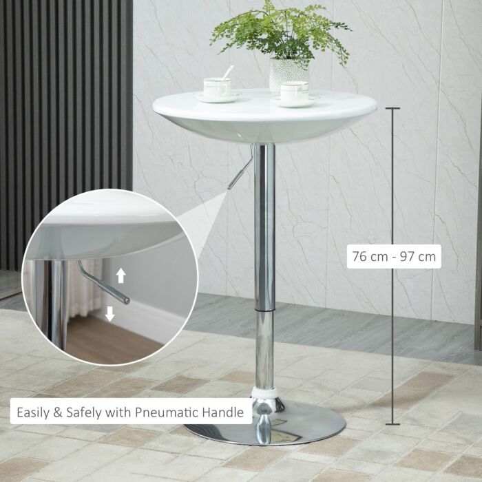 Homcom Modern Round Bar Table Adjustable Height Home Pub Bistro Desk Swivel Painted Top With Silver Steel Leg And Base, White