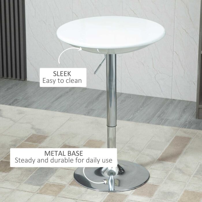 Homcom Modern Round Bar Table Adjustable Height Home Pub Bistro Desk Swivel Painted Top With Silver Steel Leg And Base, White