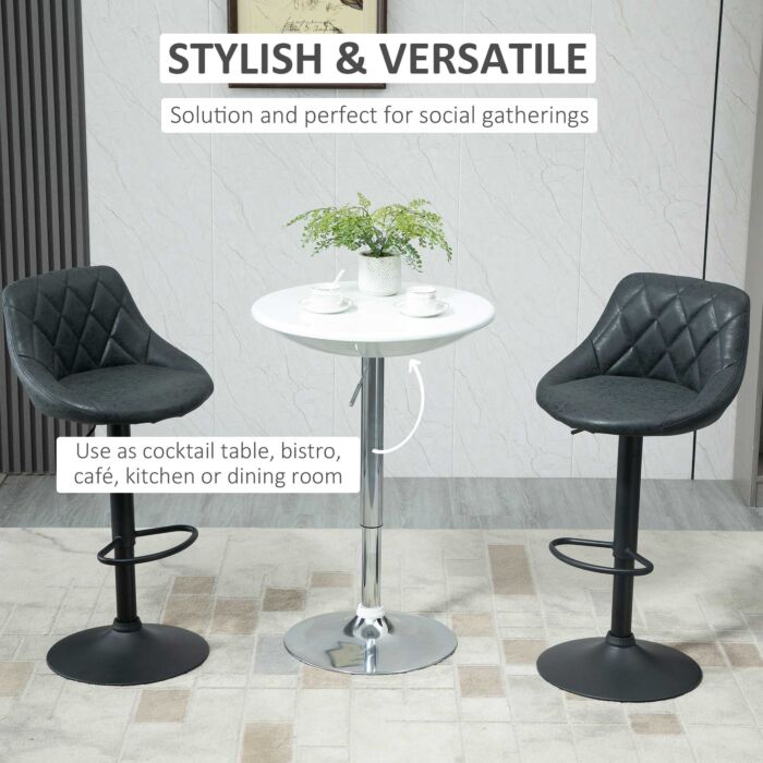 Homcom Modern Round Bar Table Adjustable Height Home Pub Bistro Desk Swivel Painted Top With Silver Steel Leg And Base, White