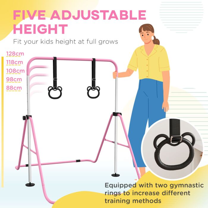 Homcom Adjustable Height, Foldable Kids Gymnastics Bar W/ Non-slip Mats, For 3+ Years, Pink