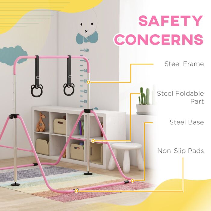Homcom Adjustable Height, Foldable Kids Gymnastics Bar W/ Non-slip Mats, For 3+ Years, Pink