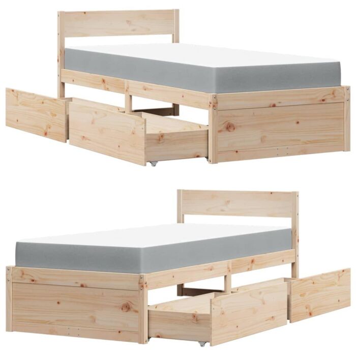 Vidaxl Bed With Drawers And Mattress 90x190 Cm Single Solid Wood Pine