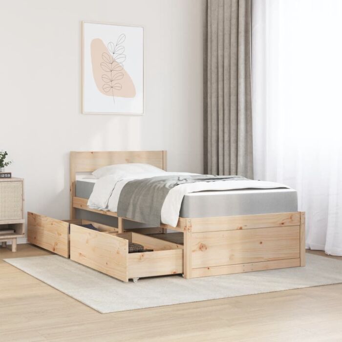 Vidaxl Bed With Drawers And Mattress 90x190 Cm Single Solid Wood Pine