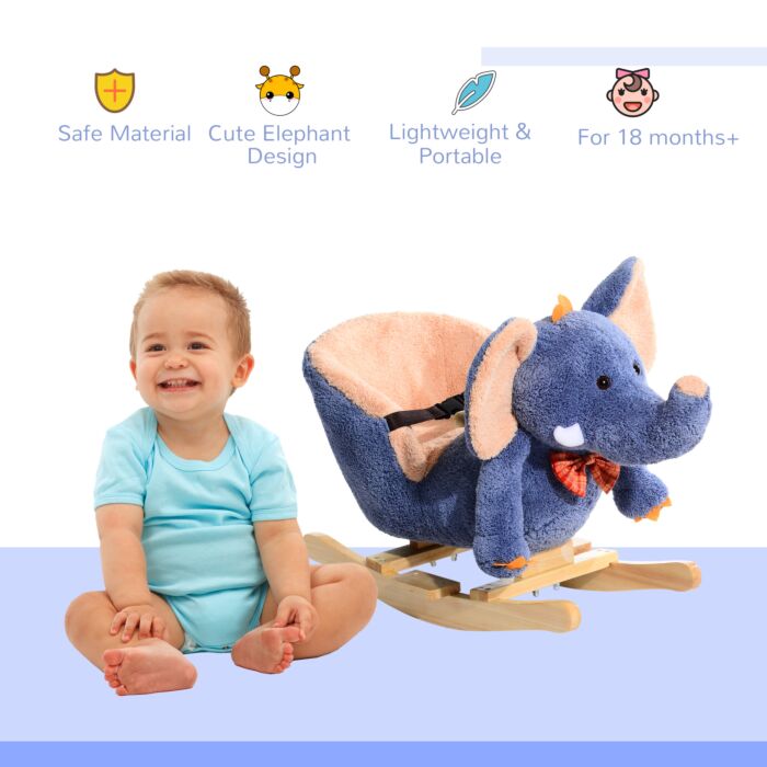 Homcom Children Kids Rocking Horse Toys Plush Elephant Rocker Seat With Sound Toddler Baby Gift Blue