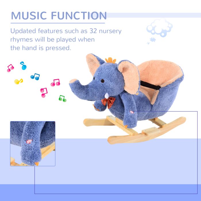 Homcom Children Kids Rocking Horse Toys Plush Elephant Rocker Seat With Sound Toddler Baby Gift Blue