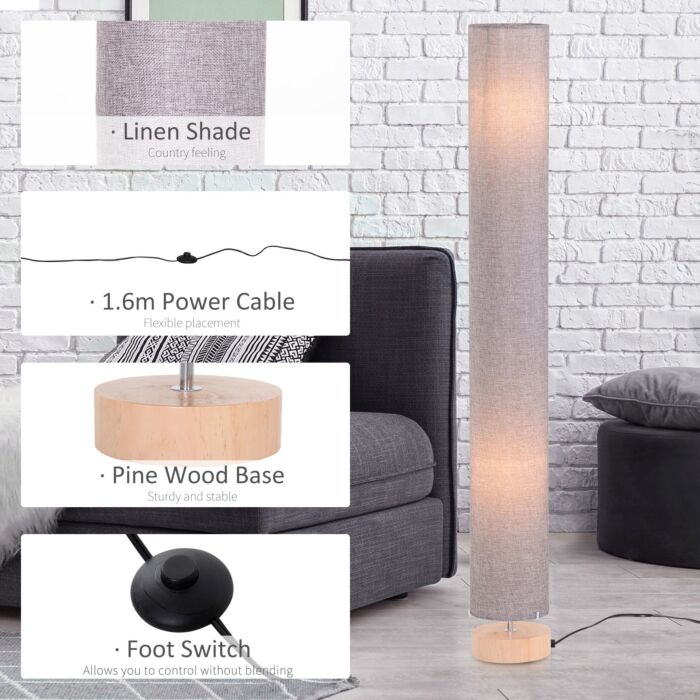 Homcom 120h Cm Wooden Base Fabric Floor Lamp With Linen Fabric, Grey