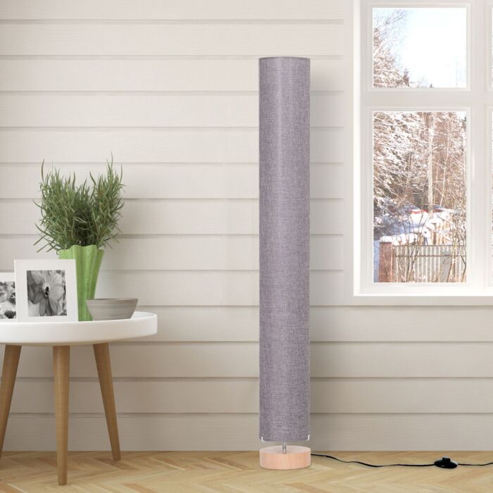 Homcom 120h Cm Wooden Base Fabric Floor Lamp With Linen Fabric, Grey