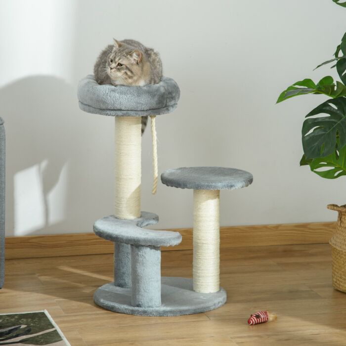 Pawhut 65 Cm Cat Tree Kitty Scratcher Kitten Activity Center Scratching Post Playhouse 2 Perch W/hanging Sisal Rope Grey