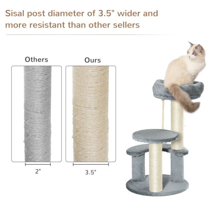 Pawhut 65 Cm Cat Tree Kitty Scratcher Kitten Activity Center Scratching Post Playhouse 2 Perch W/hanging Sisal Rope Grey