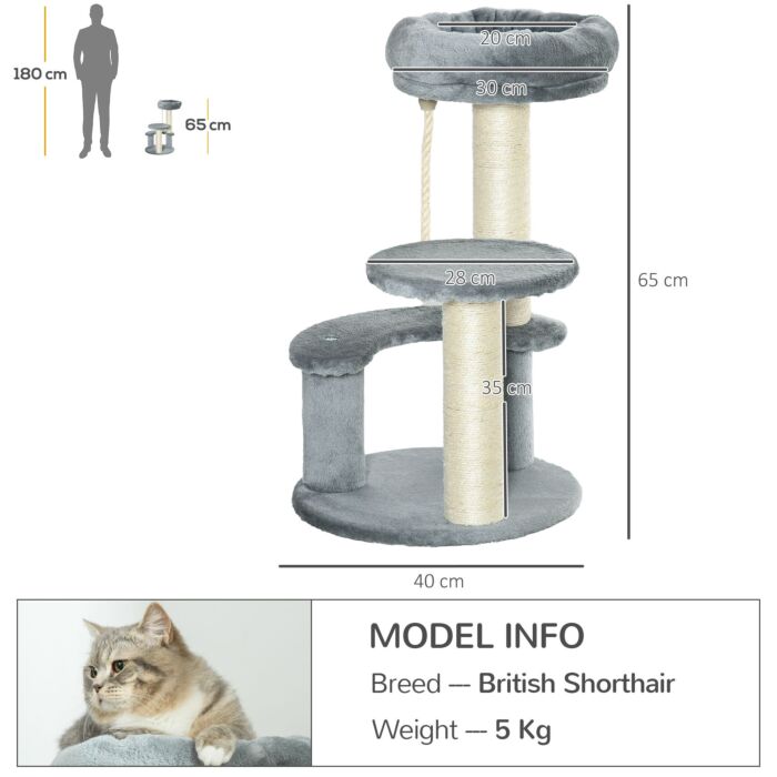 Pawhut 65 Cm Cat Tree Kitty Scratcher Kitten Activity Center Scratching Post Playhouse 2 Perch W/hanging Sisal Rope Grey