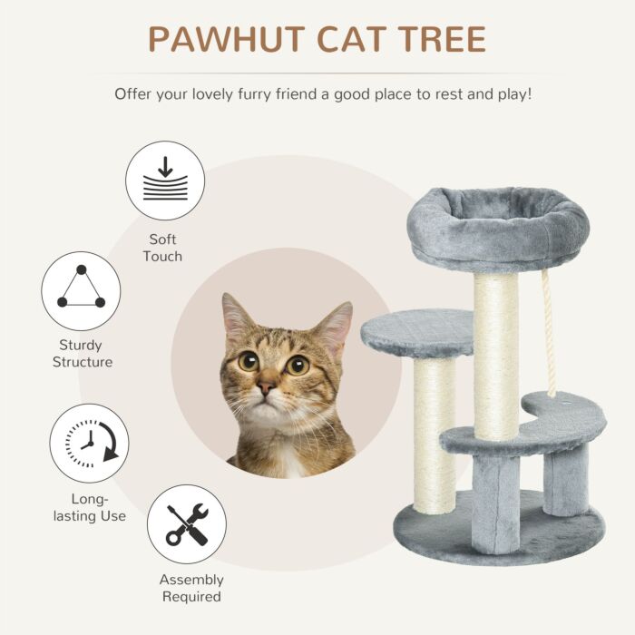 Pawhut 65 Cm Cat Tree Kitty Scratcher Kitten Activity Center Scratching Post Playhouse 2 Perch W/hanging Sisal Rope Grey