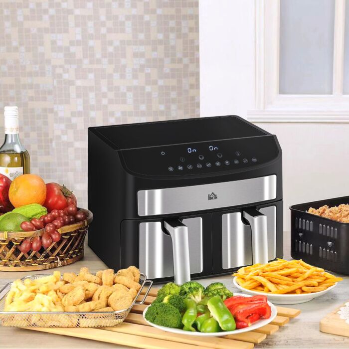 Homcom Dual Zone Air Fryer, 10-in-1 8l With Sync Cook & Sync Finish, 60-minute Timer For Oil Free & Low Fat Cooking, 2400w