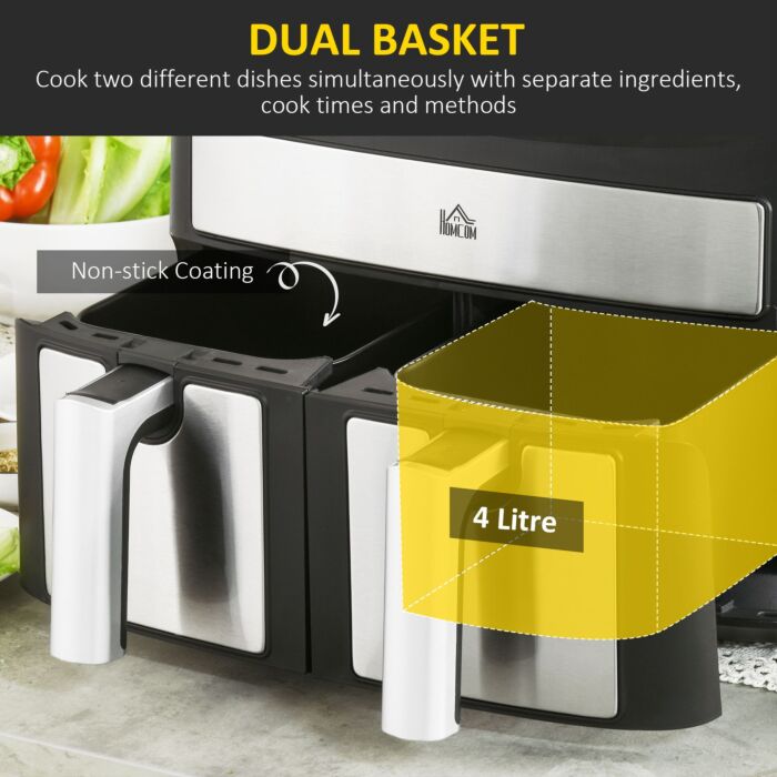 Homcom Dual Zone Air Fryer, 10-in-1 8l With Sync Cook & Sync Finish, 60-minute Timer For Oil Free & Low Fat Cooking, 2400w