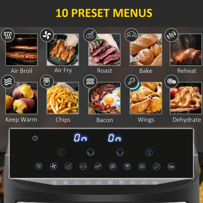 Homcom Dual Zone Air Fryer, 10-in-1 8l With Sync Cook & Sync Finish, 60-minute Timer For Oil Free & Low Fat Cooking, 2400w