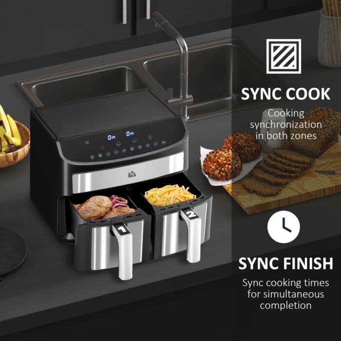 Homcom Dual Zone Air Fryer, 10-in-1 8l With Sync Cook & Sync Finish, 60-minute Timer For Oil Free & Low Fat Cooking, 2400w