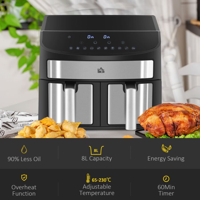 Homcom Dual Zone Air Fryer, 10-in-1 8l With Sync Cook & Sync Finish, 60-minute Timer For Oil Free & Low Fat Cooking, 2400w