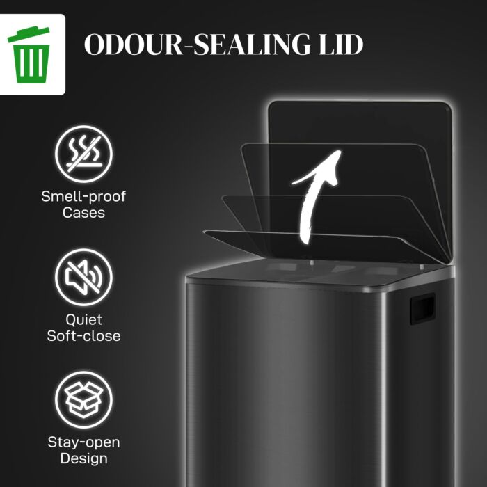 Homcom Dual Kitchen Bin, 2 X 30l Double Bin For Recycling And Waste, Stainless Steel Pedal Bin With Soft-close Lid, Removable Inner Buckets And Handles, Black