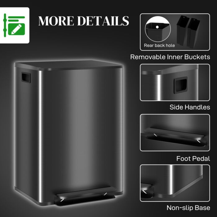 Homcom Dual Kitchen Bin, 2 X 30l Double Bin For Recycling And Waste, Stainless Steel Pedal Bin With Soft-close Lid, Removable Inner Buckets And Handles, Black