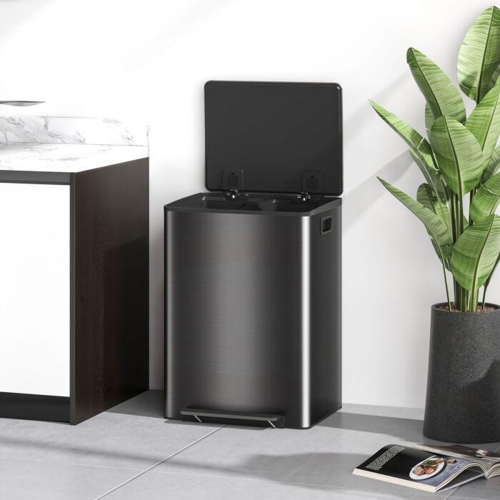 Homcom Dual Kitchen Bin, 2 X 30l Double Bin For Recycling And Waste, Stainless Steel Pedal Bin With Soft-close Lid, Removable Inner Buckets And Handles, Black
