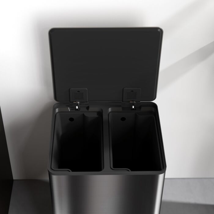 Homcom Dual Kitchen Bin, 2 X 30l Double Bin For Recycling And Waste, Stainless Steel Pedal Bin With Soft-close Lid, Removable Inner Buckets And Handles, Black