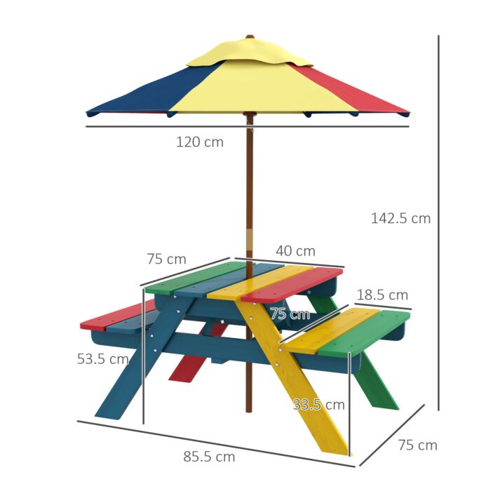 Outsunny Wooden Kids Table And Chair Set With Removable Parasol, For Ages 3-6 Years - Multicoloured