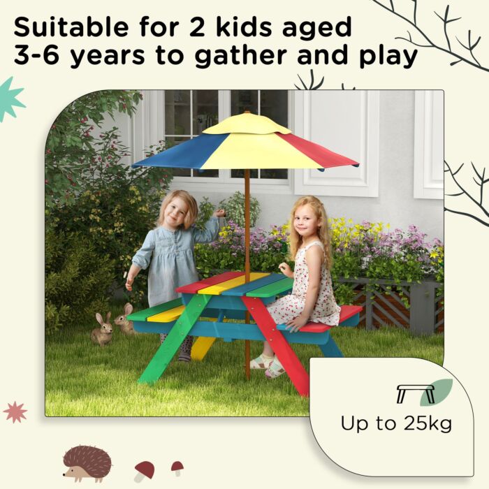 Outsunny Wooden Kids Table And Chair Set With Removable Parasol, For Ages 3-6 Years - Multicoloured