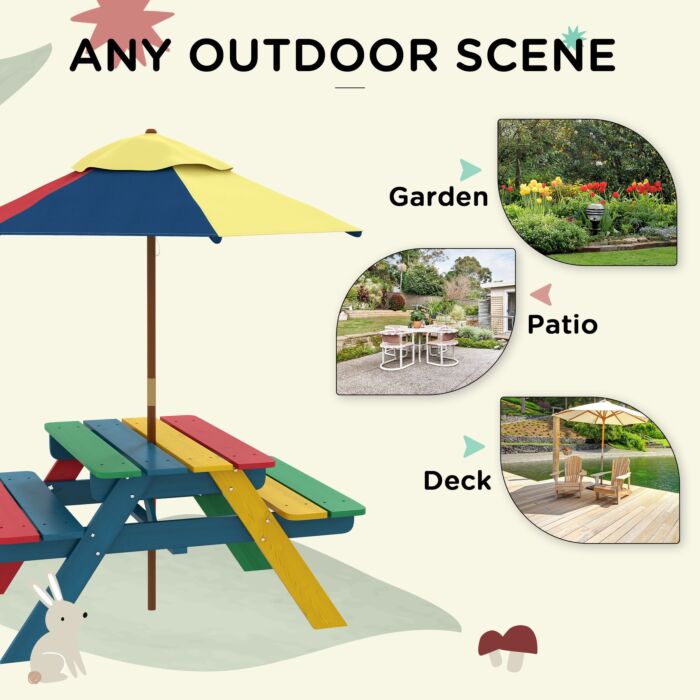Outsunny Wooden Kids Table And Chair Set With Removable Parasol, For Ages 3-6 Years - Multicoloured