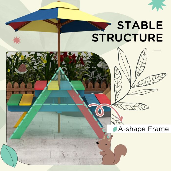 Outsunny Wooden Kids Table And Chair Set With Removable Parasol, For Ages 3-6 Years - Multicoloured