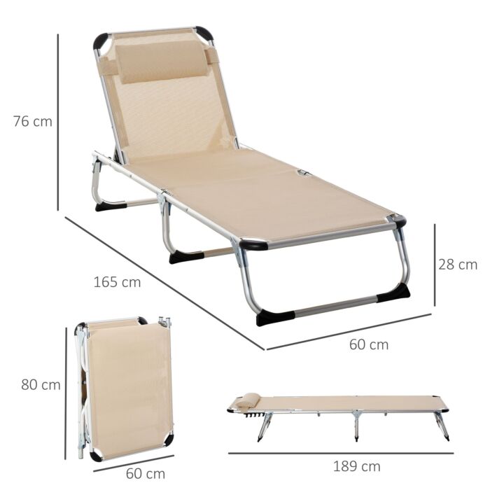 Outsunny Foldable Reclining Sun Lounger Lounge Chair Camping Bed Cot With Pillow 5-level Adjustable Back Aluminium Frame Khaki