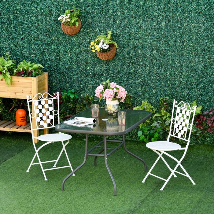 Outsunny Aquatex Glass Garden Table Curved Metal Frame W/ Parasol Hole 4 Legs Outdoor Dining Sturdy Balcony Friends Family Tempered Grey