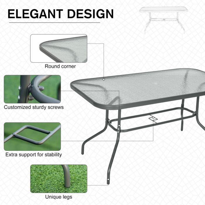 Outsunny Aquatex Glass Garden Table Curved Metal Frame W/ Parasol Hole 4 Legs Outdoor Dining Sturdy Balcony Friends Family Tempered Grey